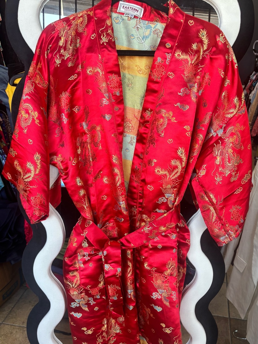 Red Satin Kimono Robe with Gold Embroidery